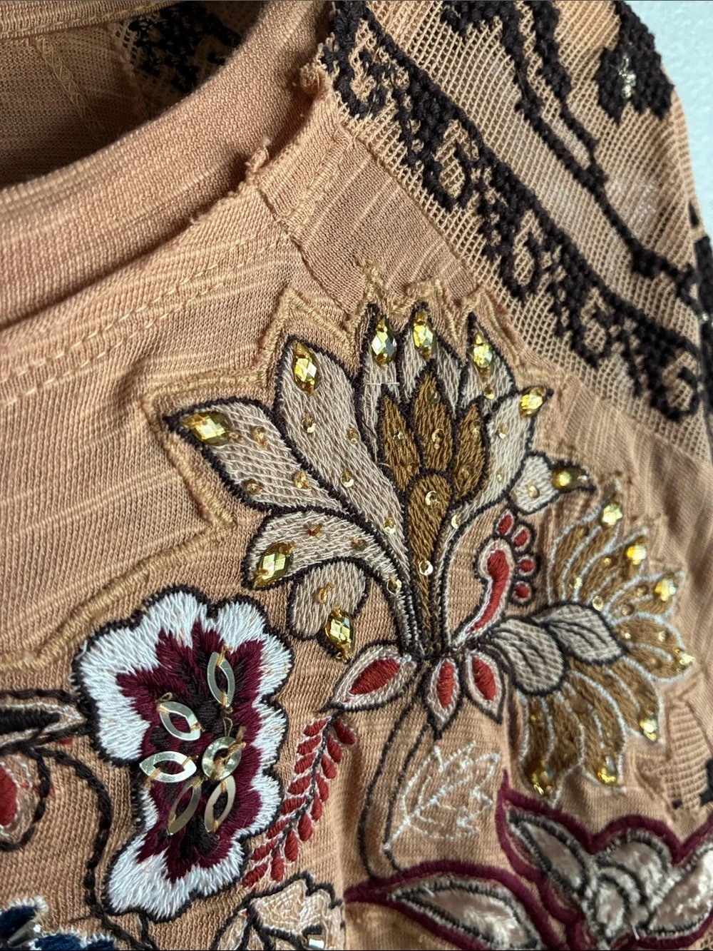 Free People Tall Tales Tunic NWT Embroidered Beaded Mesh Thumbhole Top M
